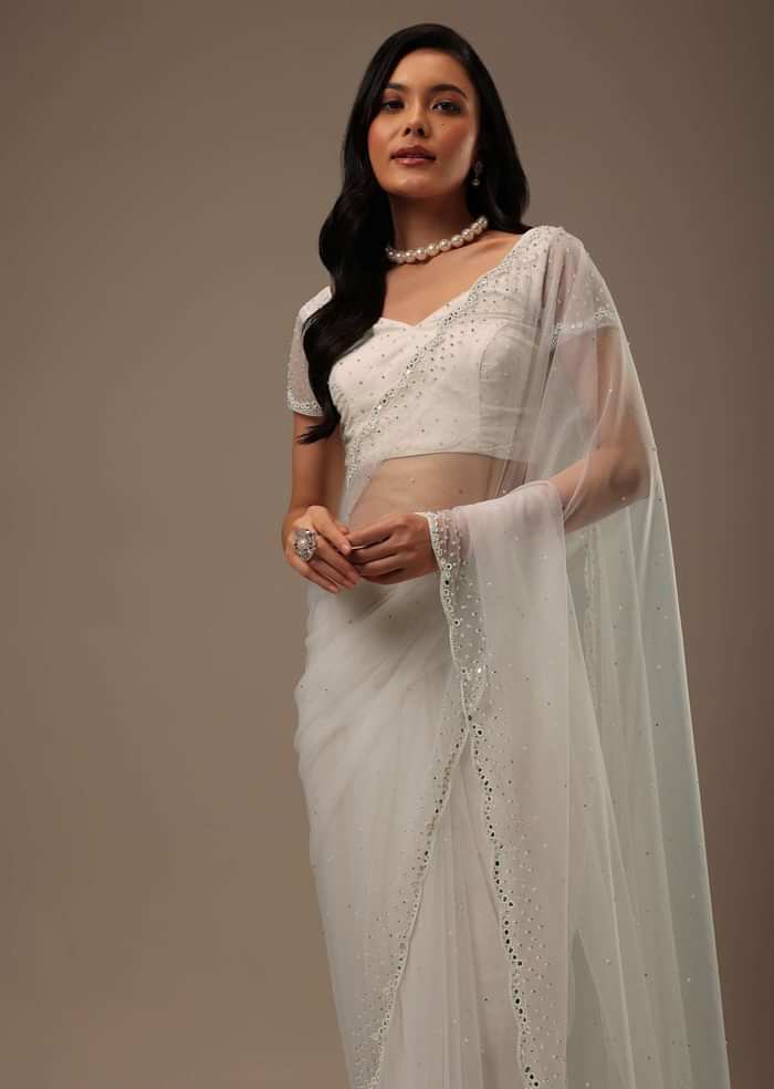 Daisy White Net Fabricated Saree With Mirror Work