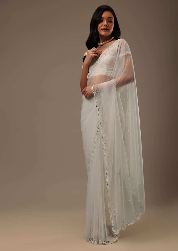 Daisy White Net Fabricated Saree With Mirror Work