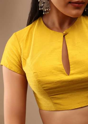 Dandelion Yellow Blouse In Raw Silk With Cap Sleeves And Keyhole Neckline