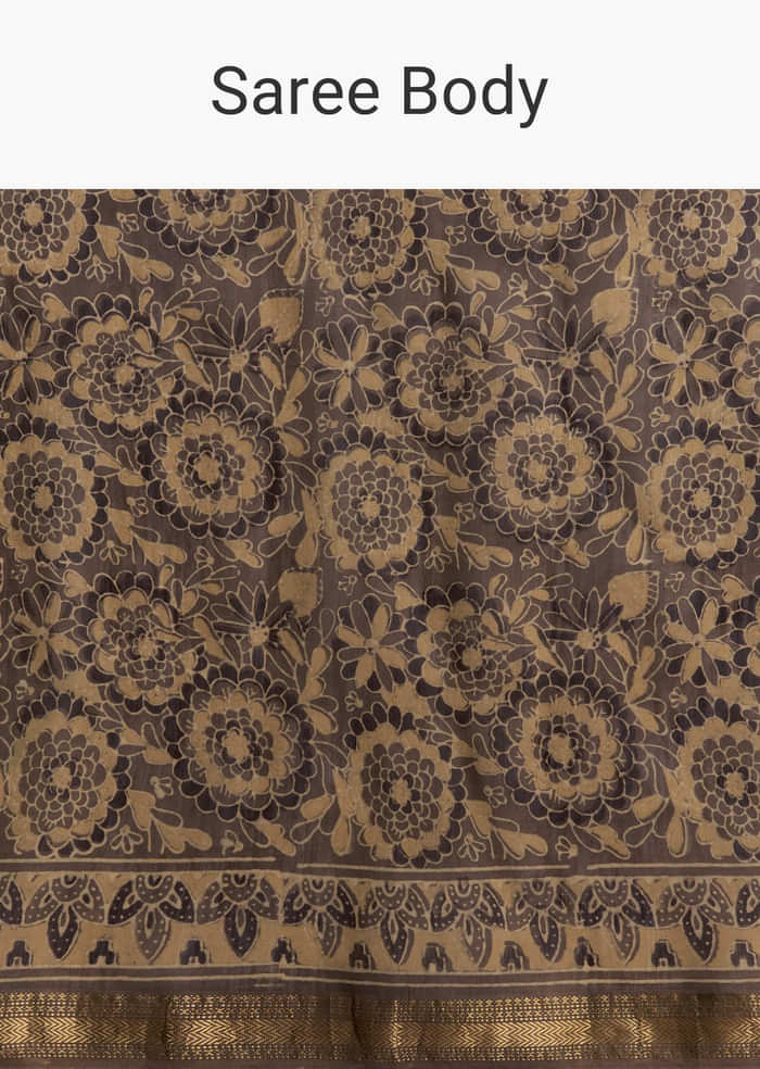 Dark Beige Linen Printed Saree With Authentic Floral Ajrakh Print