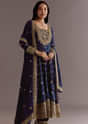 Dark Blue Chinon Zari Embroidered Anarkali Suit With Dupatta
