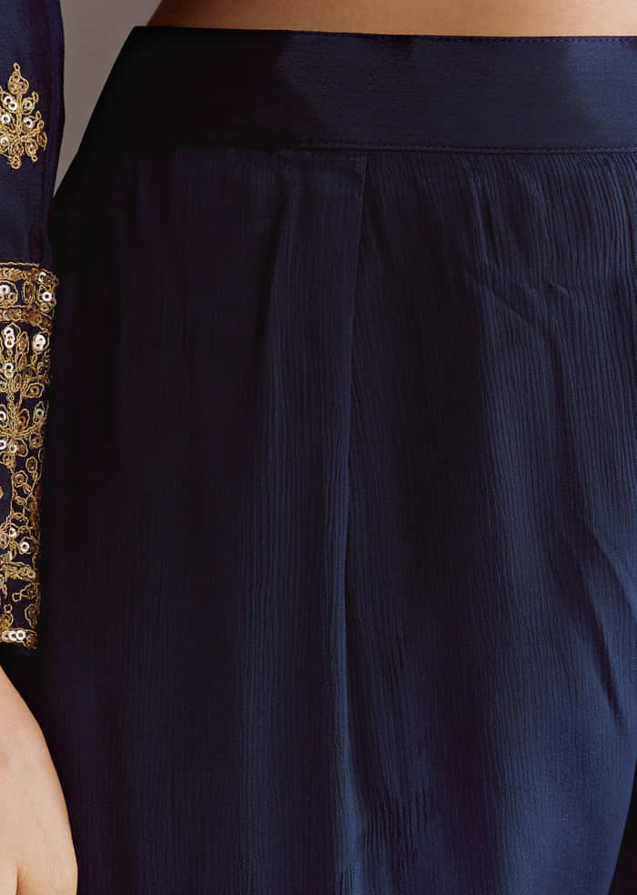 Dark Blue Chinon Zari Embroidered Anarkali Suit With Dupatta