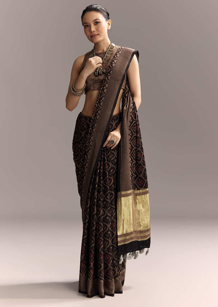 Dark Blue Linen Saree With Authentic Ajrakh Print And Golden Pallu