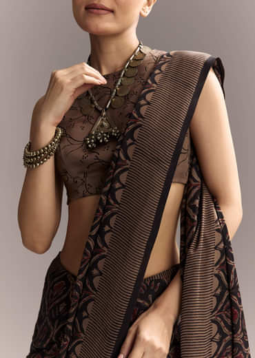 Dark Blue Linen Saree With Authentic Ajrakh Print And Golden Pallu