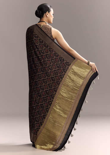 Dark Blue Linen Saree With Authentic Ajrakh Print And Golden Pallu