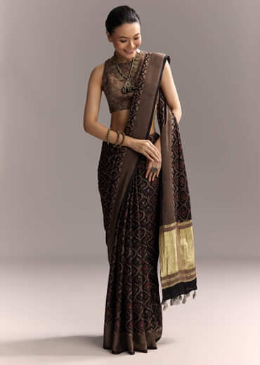 Dark Blue Linen Saree With Authentic Ajrakh Print And Golden Pallu