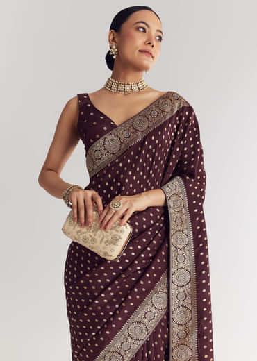Dark Brown Dola Silk Saree With Floral And Butti Work