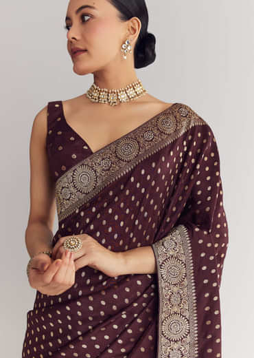 Dark Brown Dola Silk Saree With Floral And Butti Work