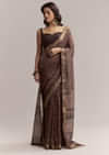 Dark Brown Linen Printed Saree With Authentic Ajrakh Print