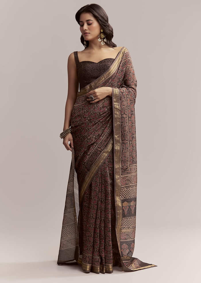 Dark Brown Linen Printed Saree With Authentic Ajrakh Print