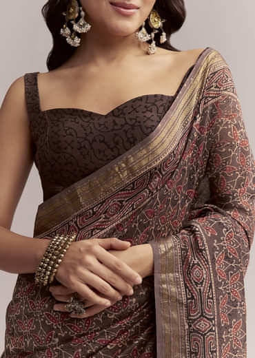 Dark Brown Linen Printed Saree With Authentic Ajrakh Print