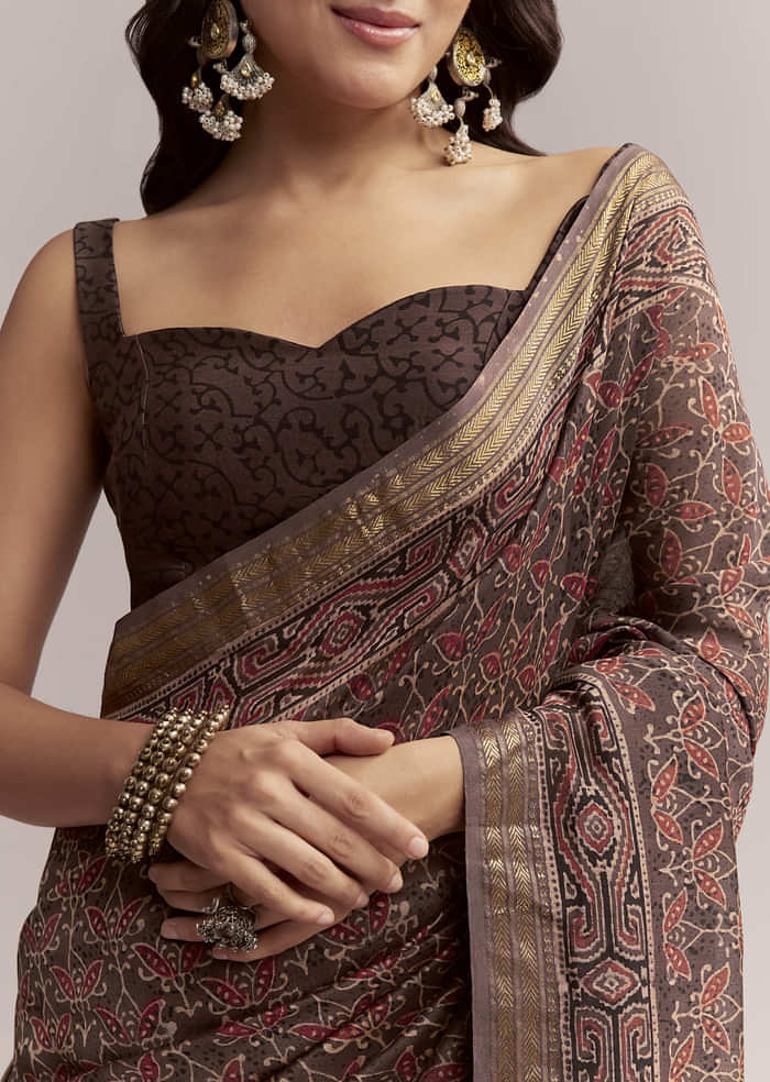 Dark Brown Linen Printed Saree With Authentic Ajrakh Print