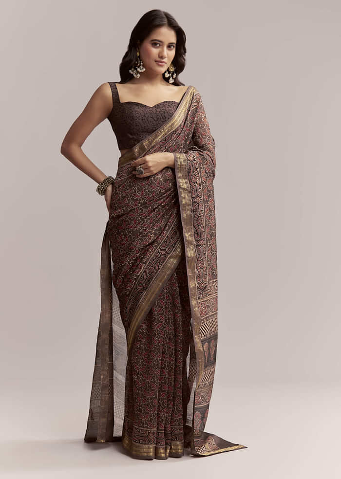 Dark Brown Linen Printed Saree With Authentic Ajrakh Print
