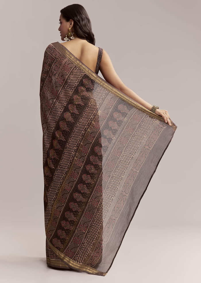 Dark Brown Linen Printed Saree With Authentic Ajrakh Print