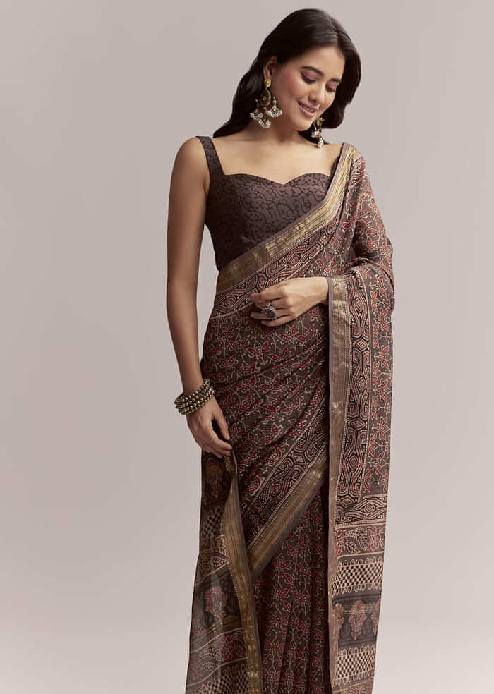 Dark Brown Linen Printed Saree With Authentic Ajrakh Print
