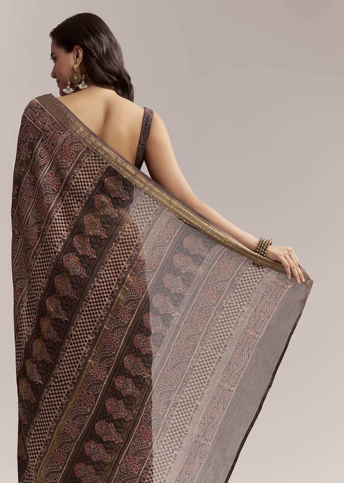 Dark Brown Linen Printed Saree With Authentic Ajrakh Print