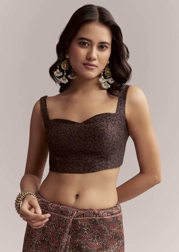 Dark Brown Linen Printed Saree With Authentic Ajrakh Print