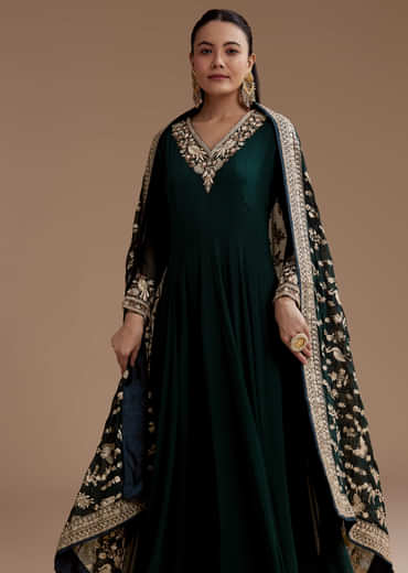 Dark Green Anarkali Set with Sequin Work