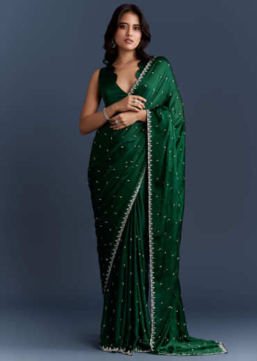Dark Green Chinon Embroidered Saree With Intricate Hand Embroidery