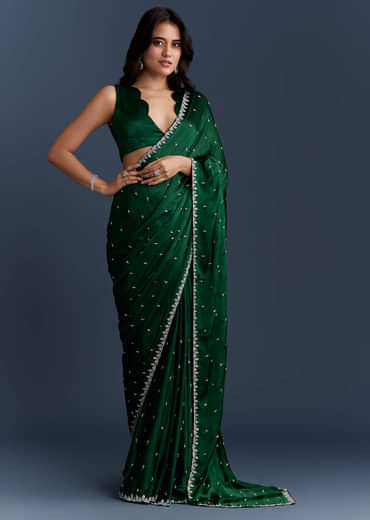 Dark Green Chinon Embroidered Saree With Intricate Hand Embroidery