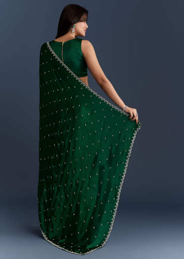Dark Green Chinon Embroidered Saree With Intricate Hand Embroidery