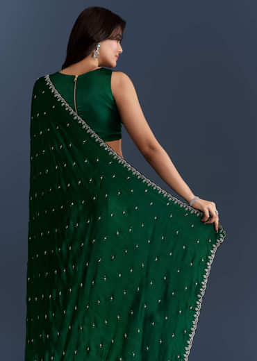 Dark Green Chinon Embroidered Saree With Intricate Hand Embroidery