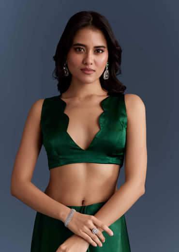 Dark Green Chinon Embroidered Saree With Intricate Hand Embroidery