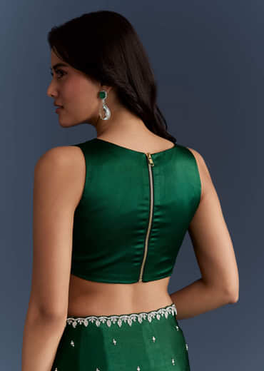 Dark Green Chinon Embroidered Saree With Intricate Hand Embroidery