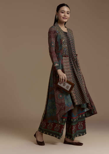 Dark Green Indie Print Muslin Kurta Set with Thread Work