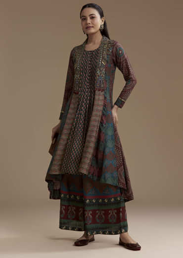 Dark Green Indie Print Muslin Kurta Set with Thread Work