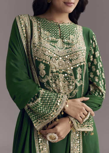 Dark Green Printed Crepe Palazzo Set With Keyhole Neckline