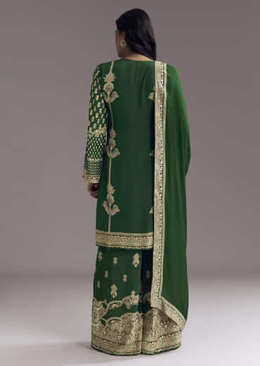 Dark Green Printed Crepe Palazzo Set With Keyhole Neckline