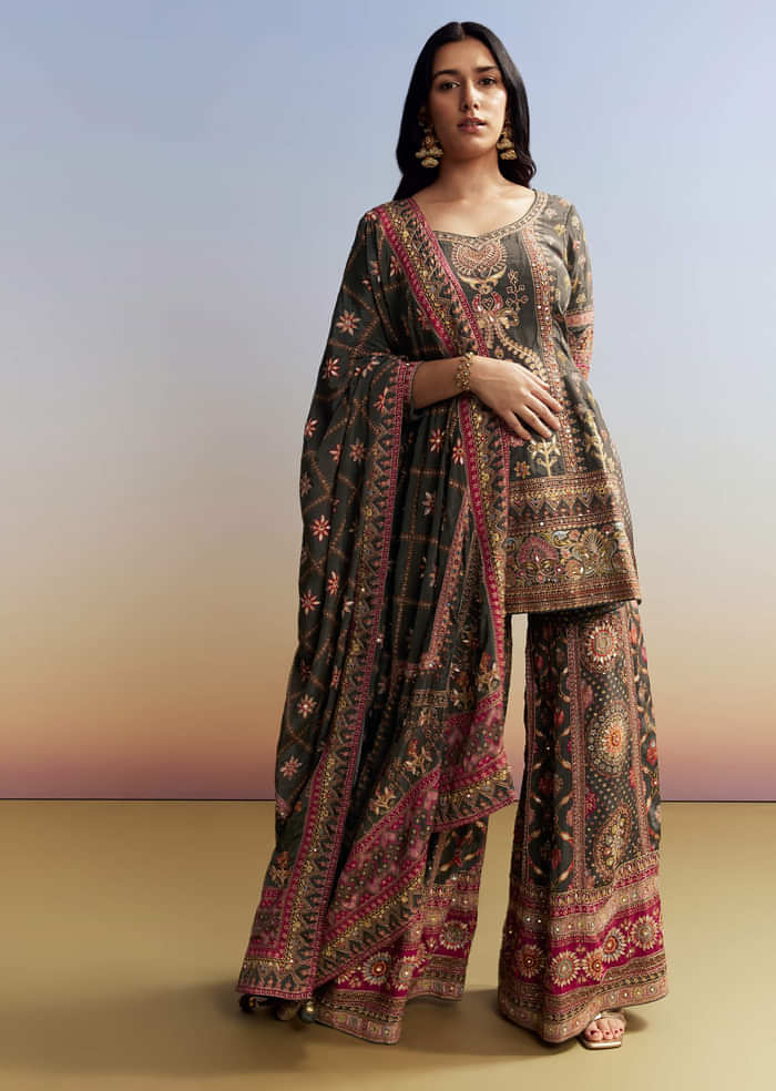 Dark Green Printed Sharara Set