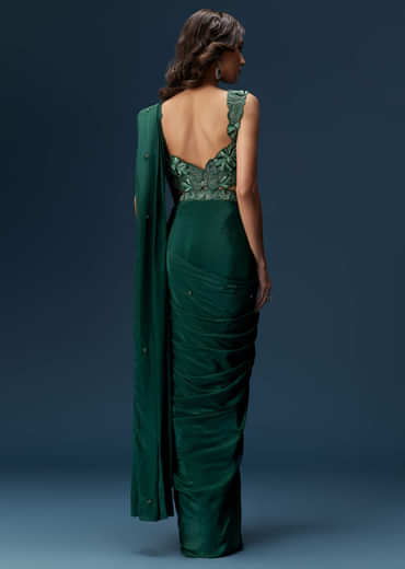 Dark Green Ready Pleated Saree With Embellished Blouse