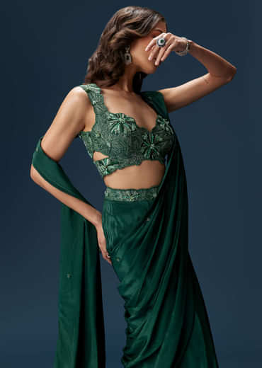 Dark Green Ready Pleated Saree With Embellished Blouse