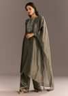Dark Grey Tissue Kurta Pant Set With Butti Dupatta