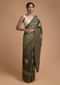 Dark Olive Half And Half Saree In Cotton Silk With Batik Printed Jaal Pattern And Round Motifs Online - Kalki Fashion