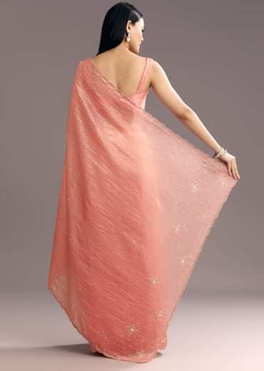 Dark Peach Crushed Tissue Embroidered Saree With Scallop Border