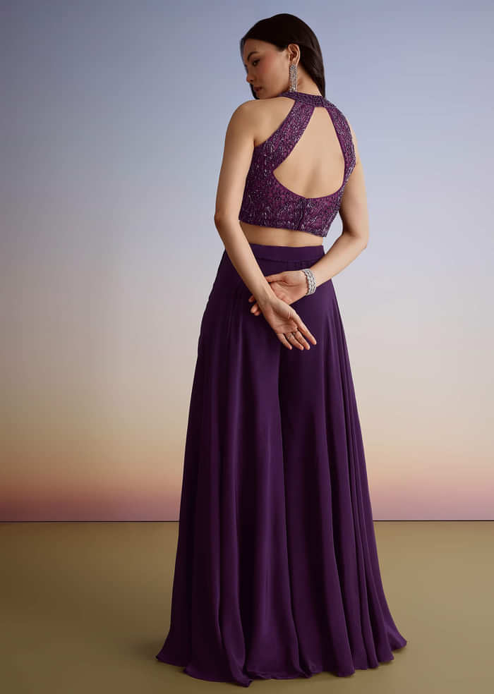 Dark Plum Purple Crepe Croptop Palazzo Suit With Cutdana Sequin Embroidery