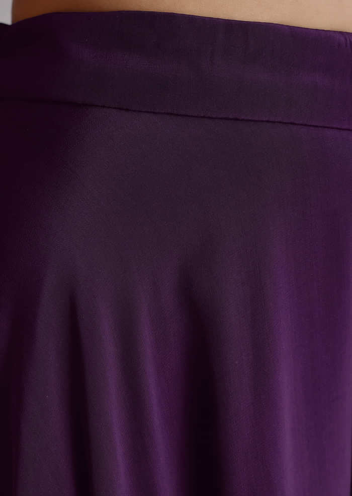 Dark Plum Purple Crepe Croptop Palazzo Suit With Cutdana Sequin Embroidery