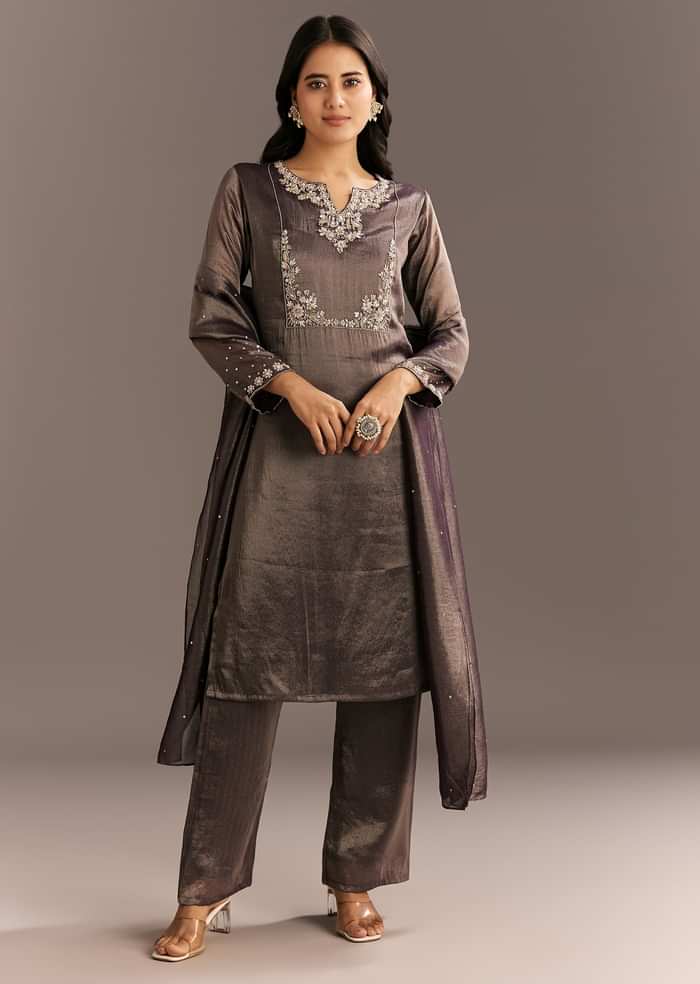 Dark Purple Organza Tissue Embroidered Kurta Pant With Embroidered Dupatta