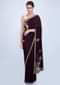Dark violet satin crepe saree with embroidered butti and border only on Kalki