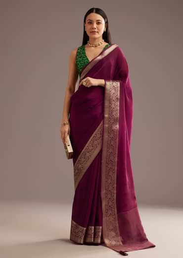 Dark Wine Crepe Silk Saree With Zari Border And Contrast Blouse
