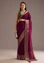 Dark Wine Crepe Silk Saree With Zari Border And Contrast Blouse