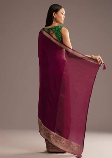 Dark Wine Crepe Silk Saree With Zari Border And Contrast Blouse