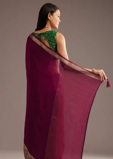 Dark Wine Crepe Silk Saree With Zari Border And Contrast Blouse
