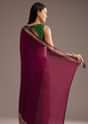 Dark Wine Crepe Silk Saree With Zari Border And Contrast Blouse