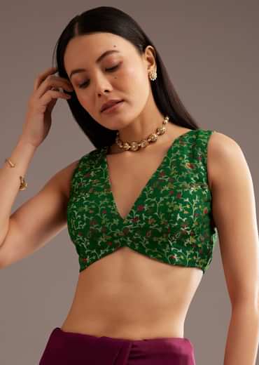 Dark Wine Crepe Silk Saree With Zari Border And Contrast Blouse