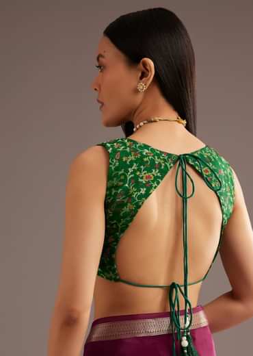 Dark Wine Crepe Silk Saree With Zari Border And Contrast Blouse