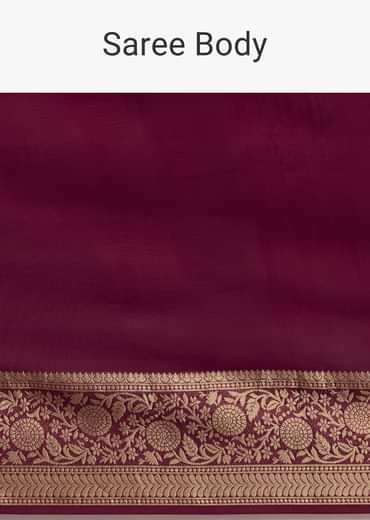 Dark Wine Crepe Silk Saree With Zari Border And Contrast Blouse
